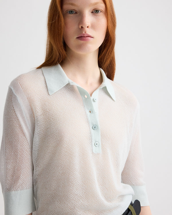 TWP Blue flower Open Stitch Slim Polo in Superfine Cashmere view 2