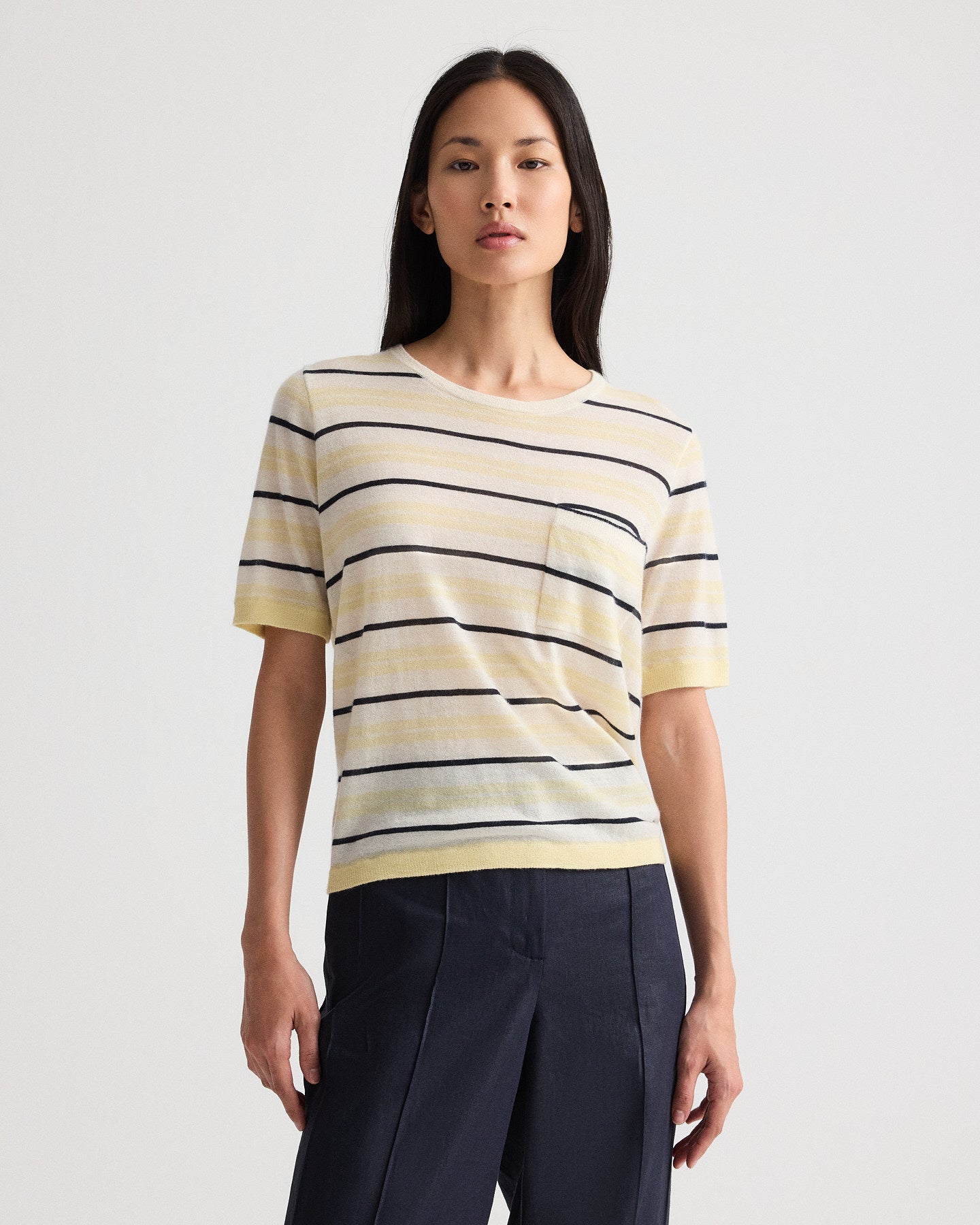 Ivory multi Striped Short Sleeve Tee in Superfine Cashmere | TWP