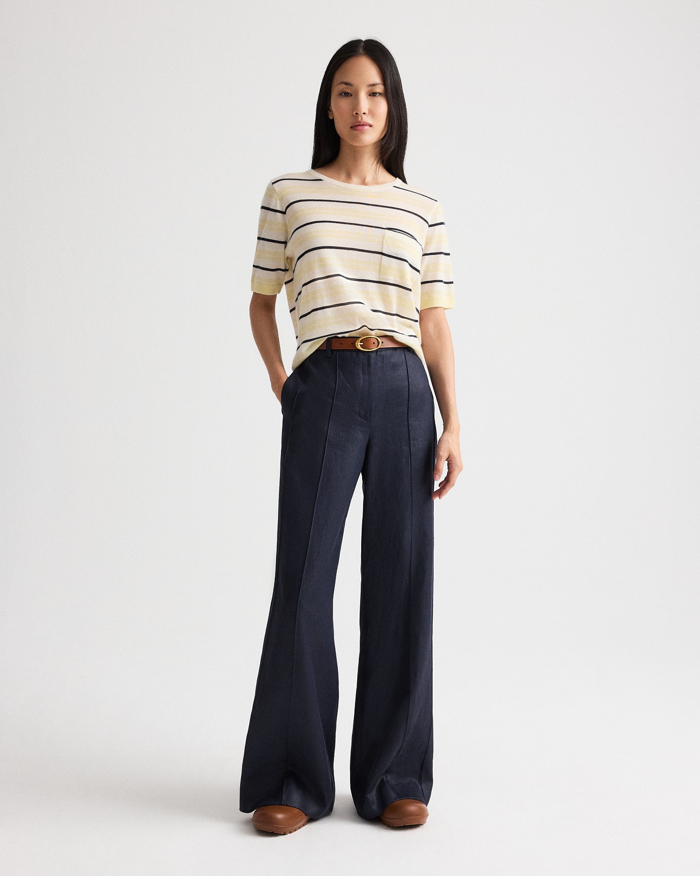 Ivory multi Striped Short Sleeve Tee in Superfine Cashmere | TWP