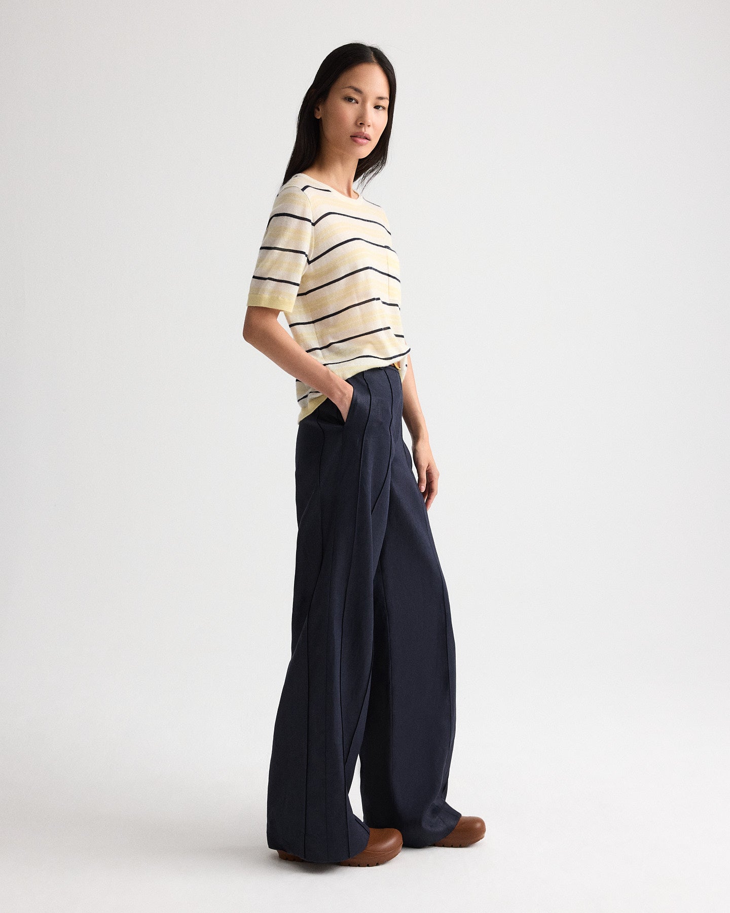 Ivory multi Striped Short Sleeve Tee in Superfine Cashmere | TWP
