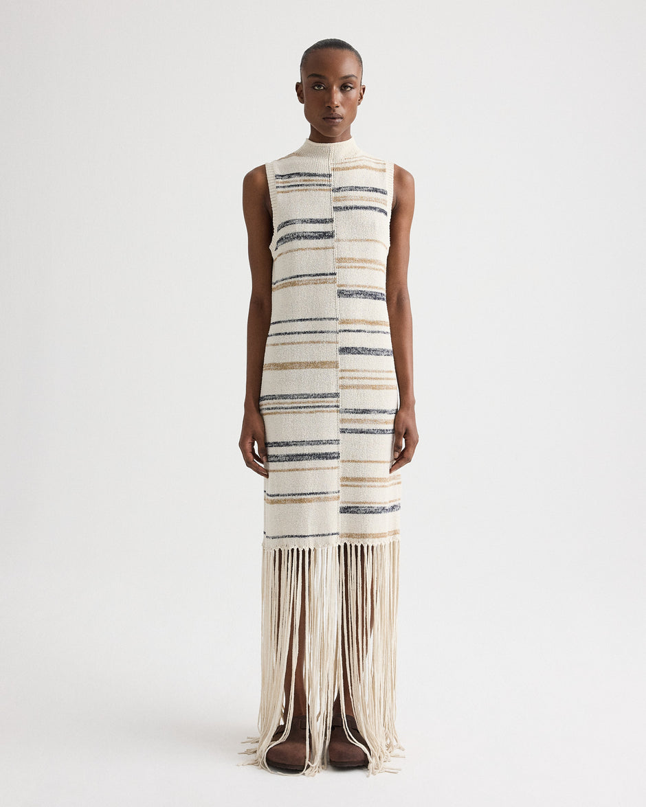 TWP Ivory multi Fringe Sleeveless Dress in Linen Silk Yarn view 4