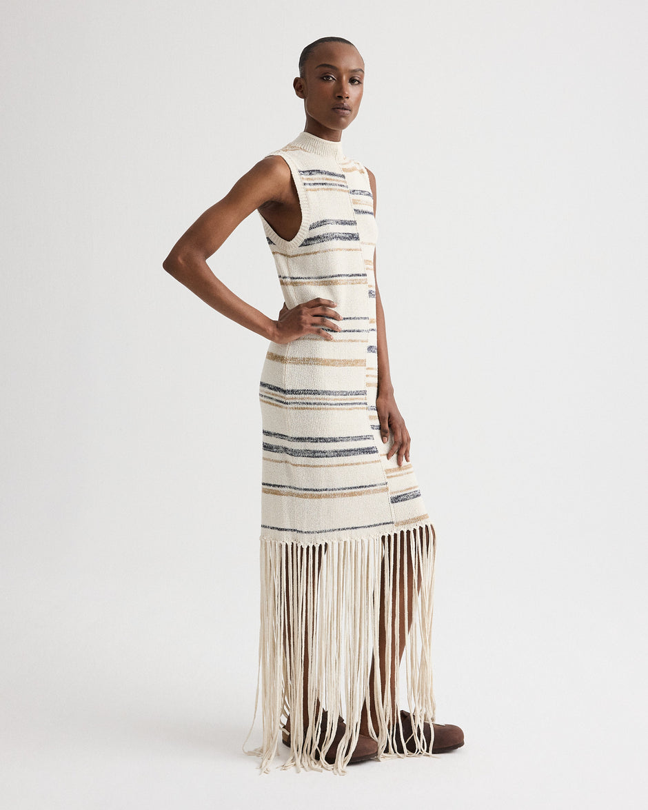 TWP Ivory multi Fringe Sleeveless Dress in Linen Silk Yarn view 2