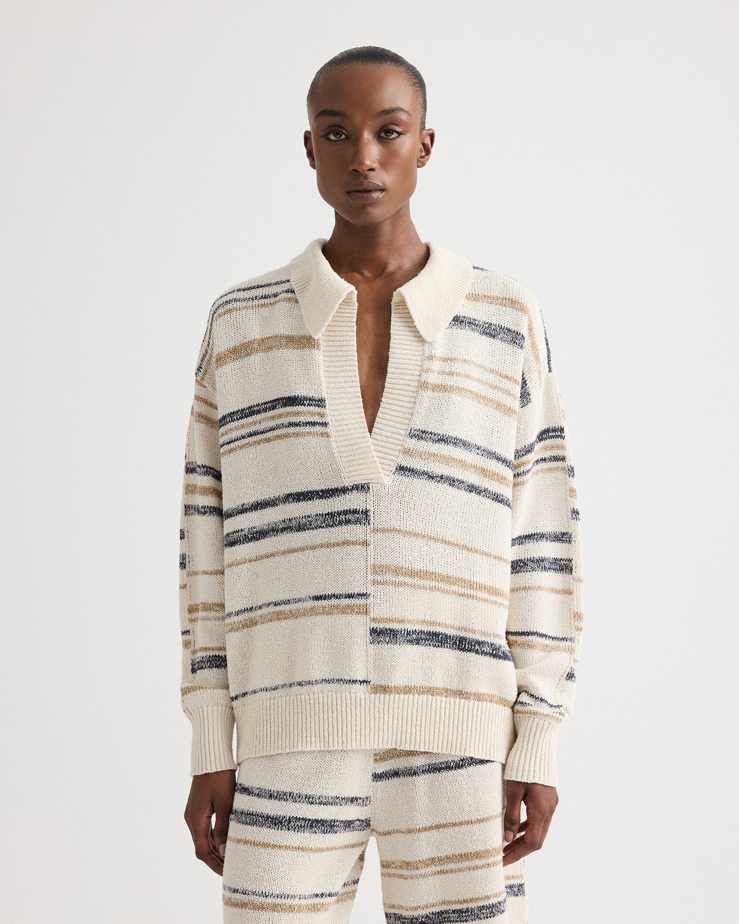 TWP Ivory multi V Neck Long Sleeve Polo in Linen Silk Yarn view 1