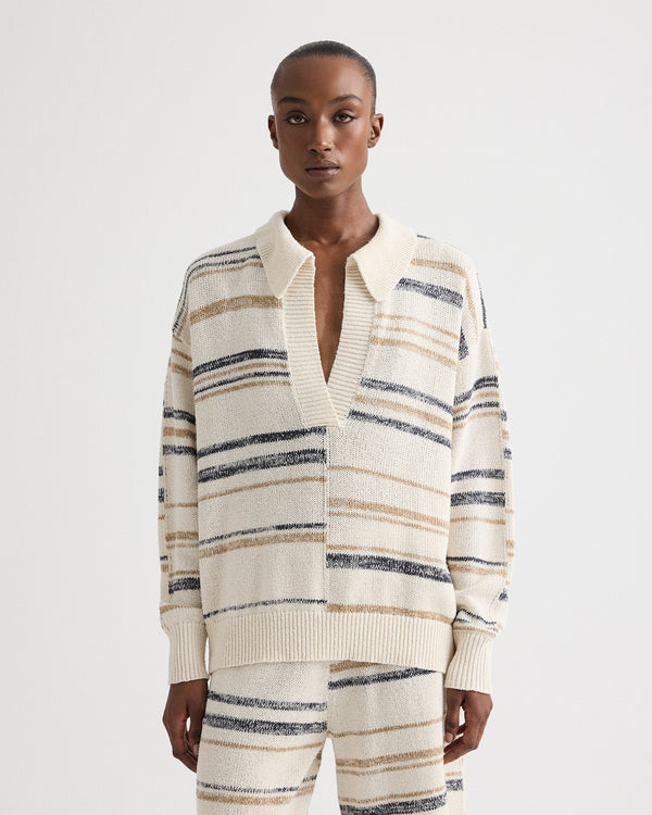 TWP Ivory multi V Neck Long Sleeve Polo in Linen Silk Yarn view 1