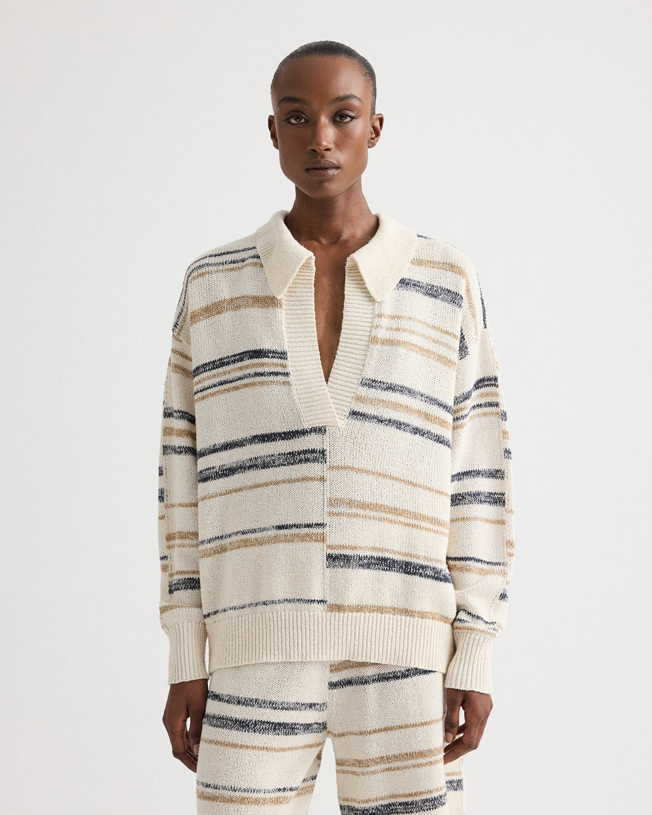 TWP Ivory multi V Neck Long Sleeve Polo in Linen Silk Yarn view 2