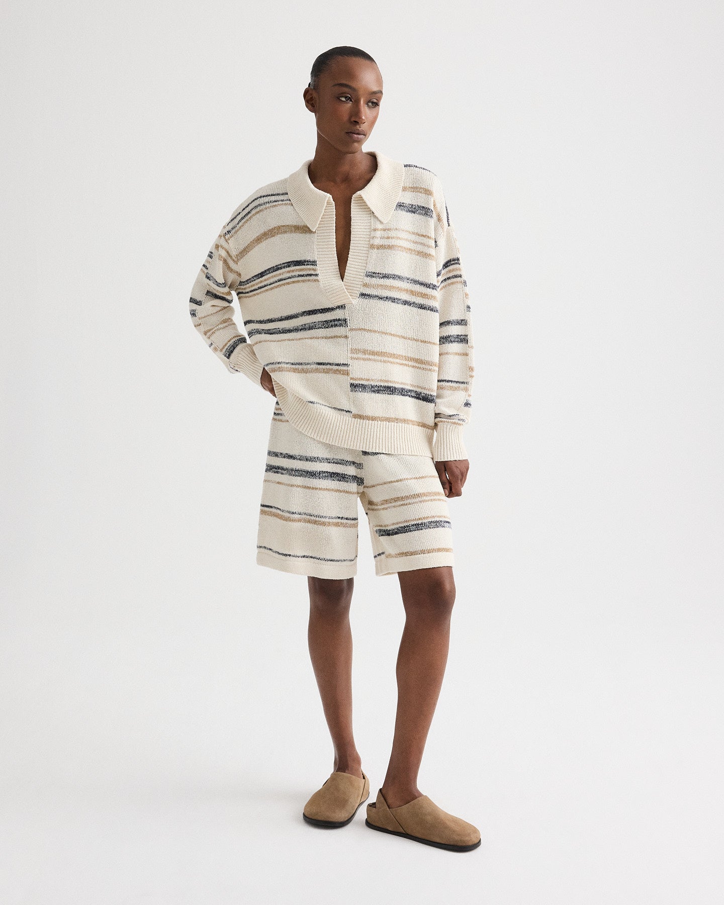 TWP Ivory multi V Neck Long Sleeve Polo in Linen Silk Yarn view 3