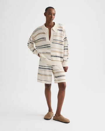 TWP Ivory multi V Neck Long Sleeve Polo in Linen Silk Yarn view 3