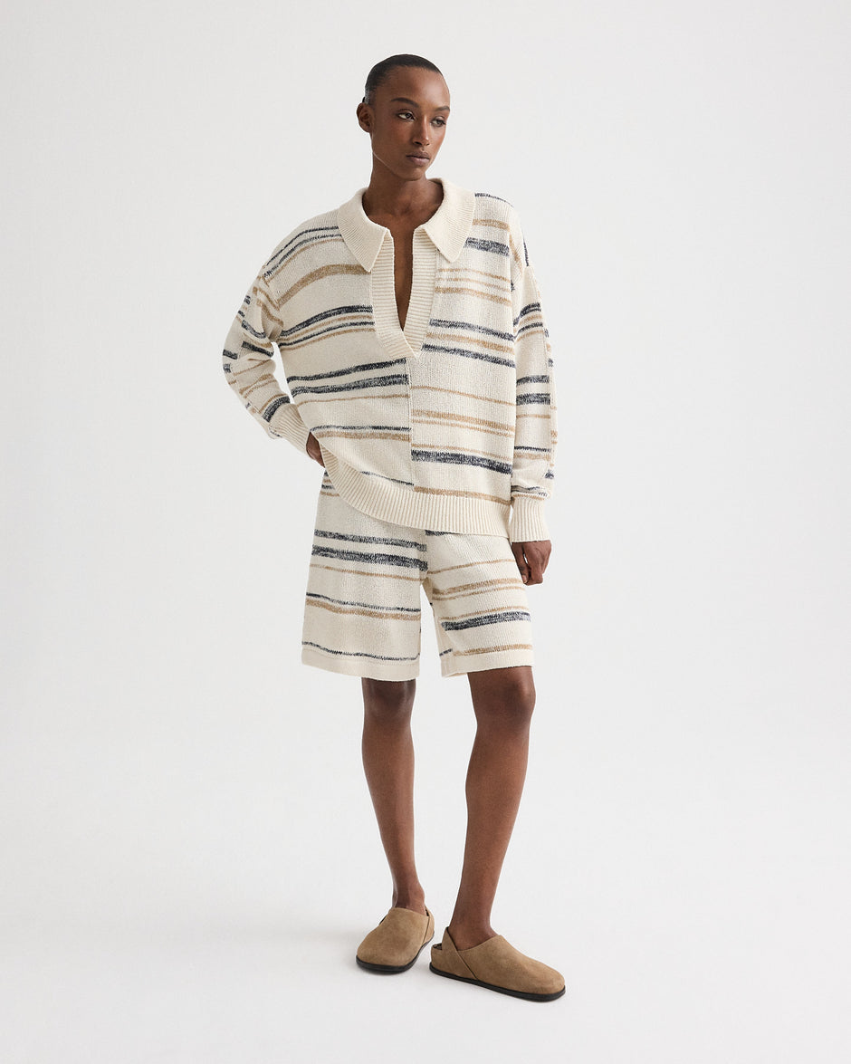 TWP Ivory multi V Neck Long Sleeve Polo in Linen Silk Yarn view 3