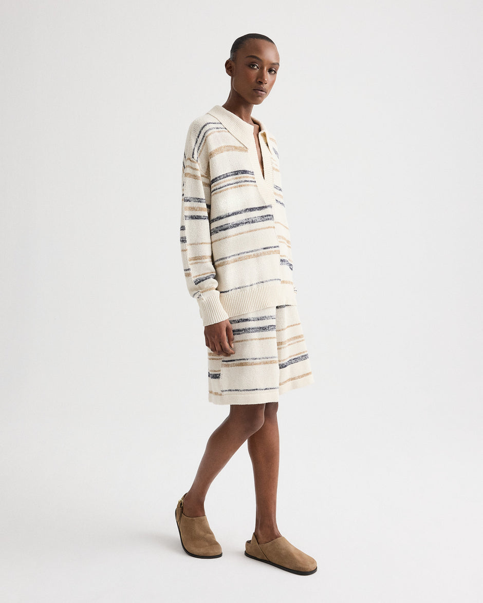 TWP Ivory multi V Neck Long Sleeve Polo in Linen Silk Yarn view 4