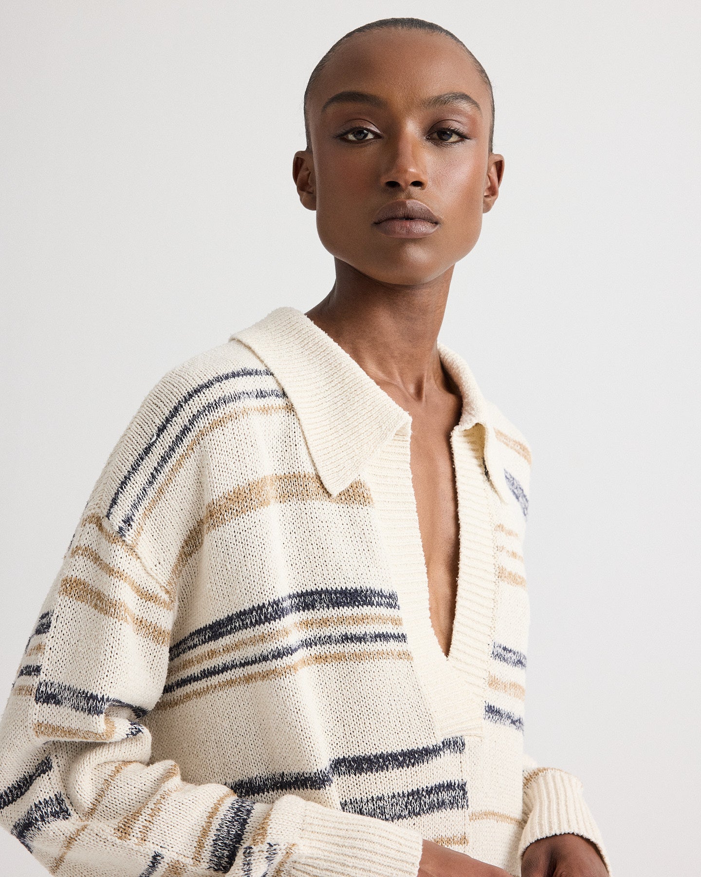 TWP Ivory multi V Neck Long Sleeve Polo in Linen Silk Yarn view 2