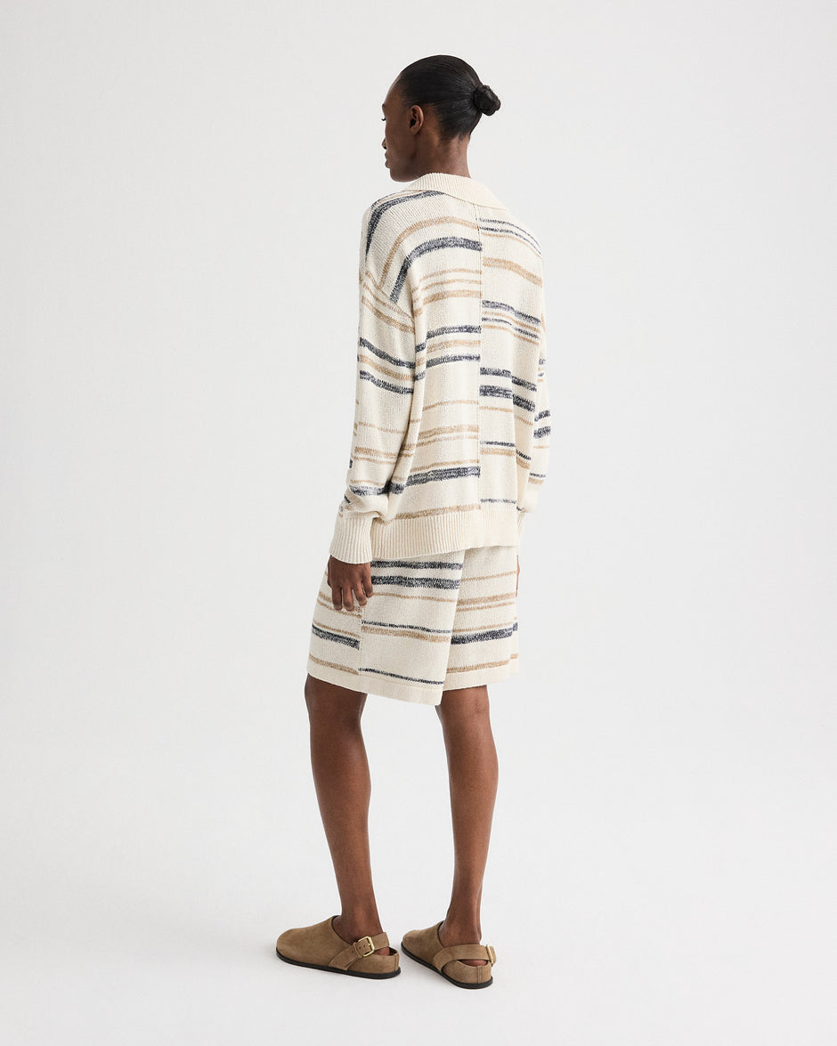 TWP Ivory multi V Neck Long Sleeve Polo in Linen Silk Yarn view 5