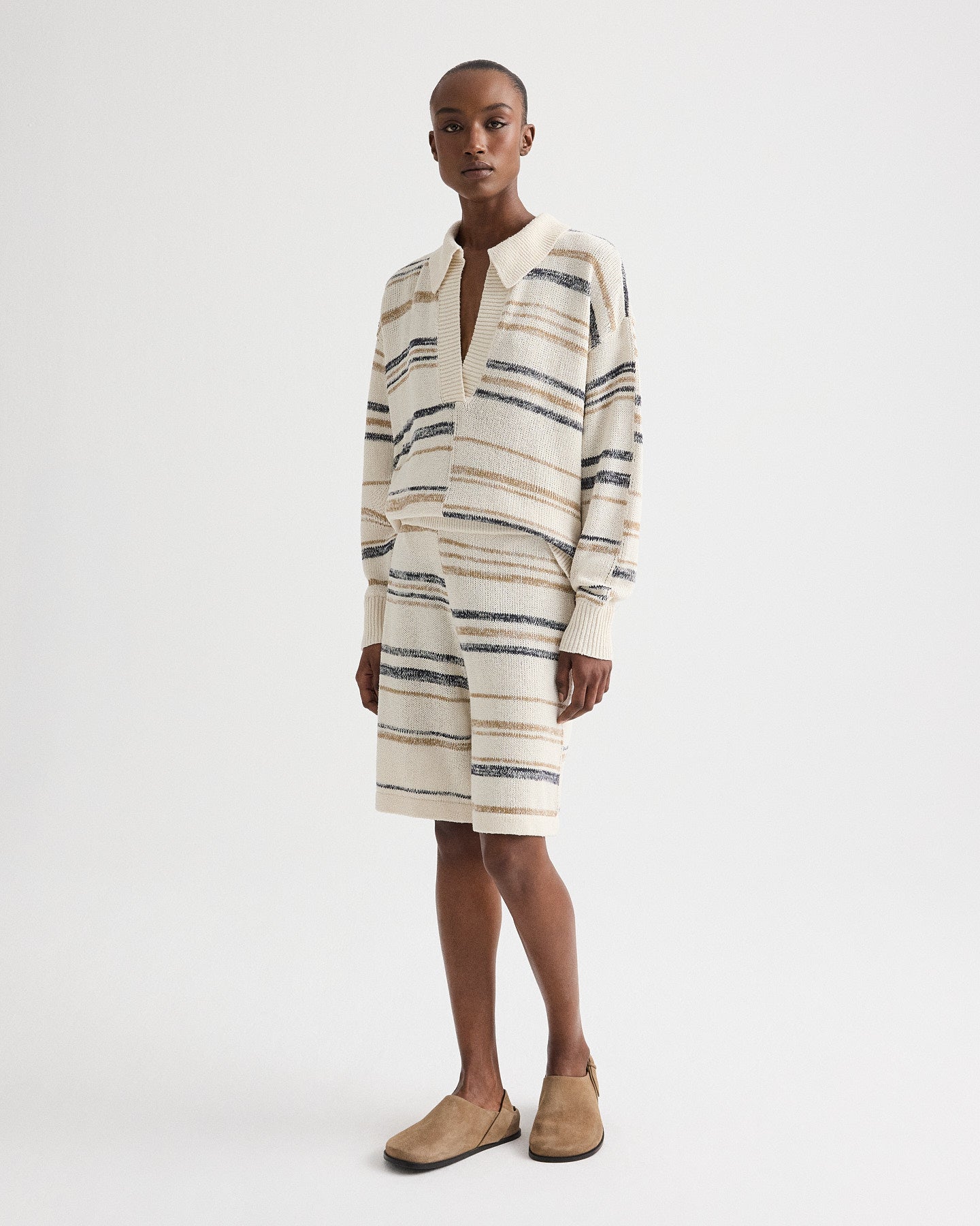 TWP Ivory multi Intarsia Stripe Short in Linen Silk Yarn view 1