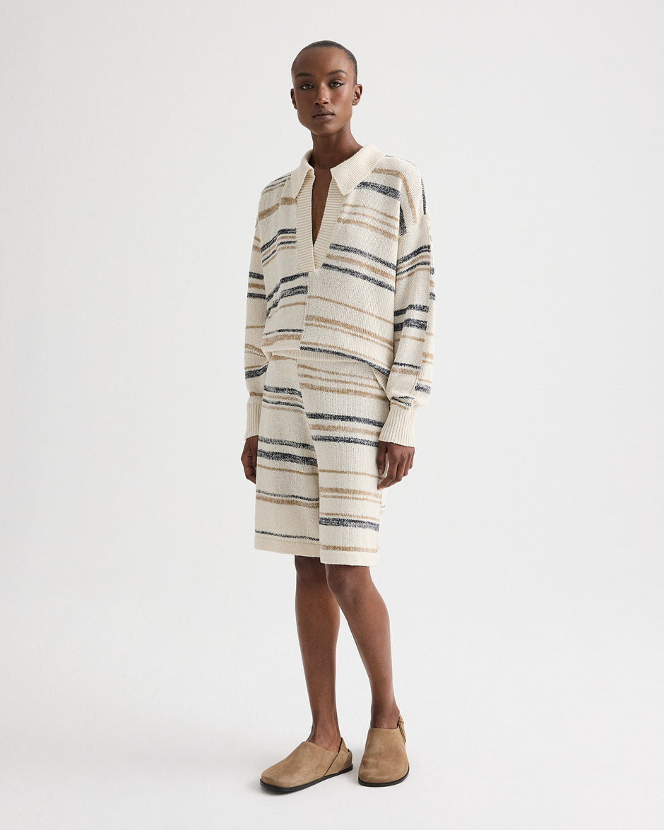 TWP Ivory multi Intarsia Stripe Short in Linen Silk Yarn view 2