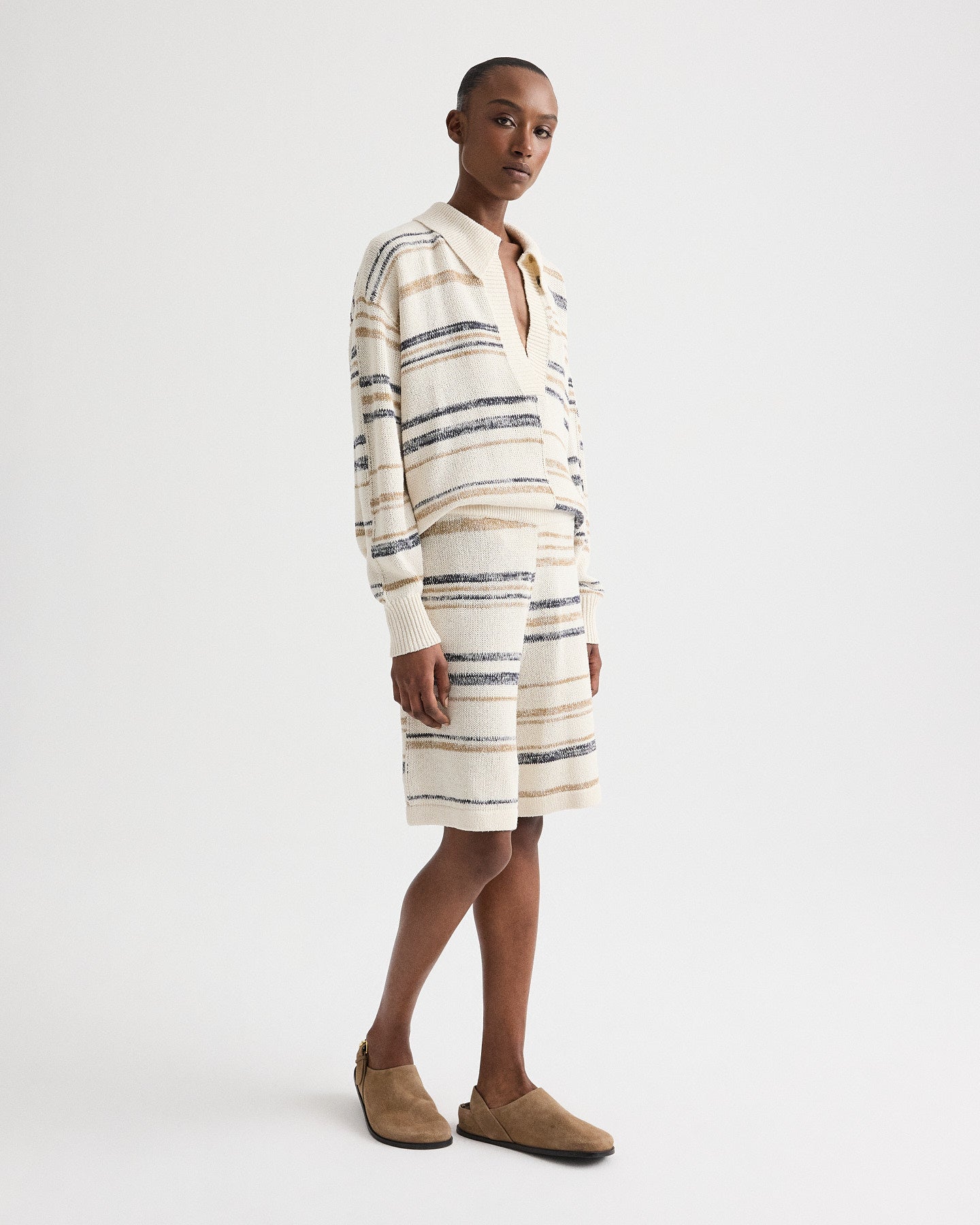 TWP Ivory multi Intarsia Stripe Short in Linen Silk Yarn view 2
