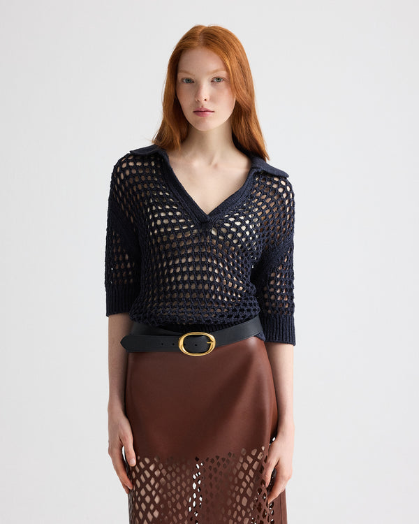 TWP Night sky Unspoken Truth Polo Sweater in Linen Silk view 2