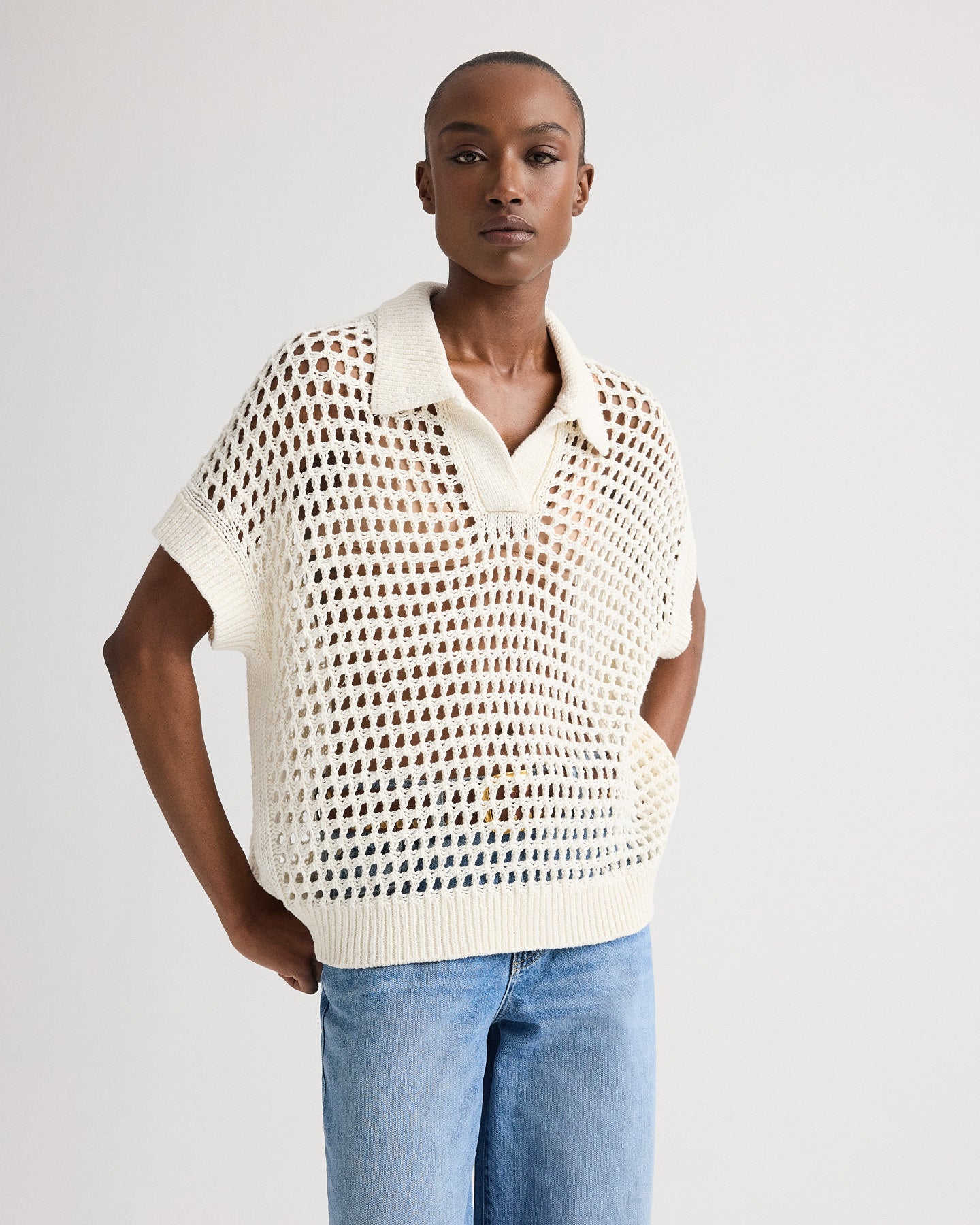 TWP Ivory Supersized Open Knit Polo in Linen Silk view 2