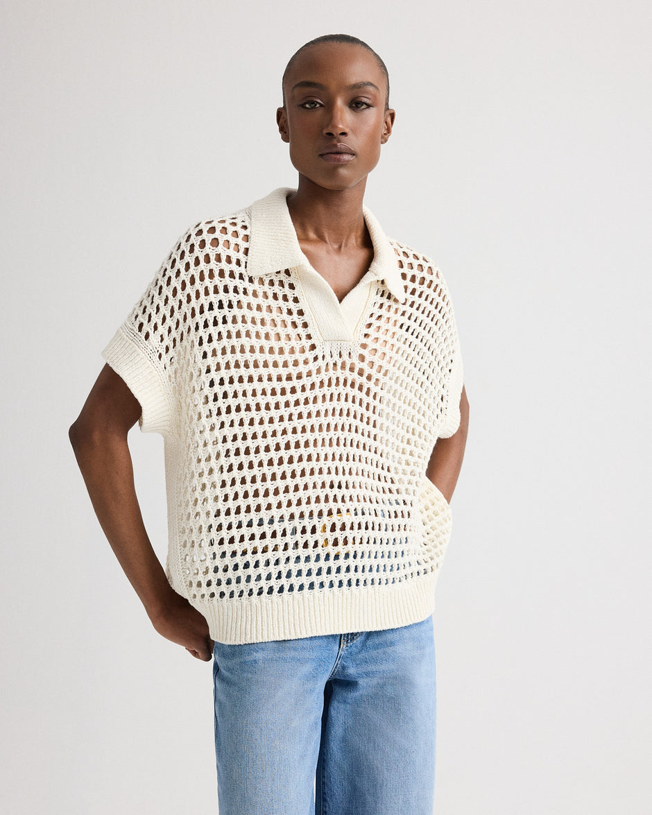 TWP Ivory Supersized Open Knit Polo in Linen Silk view 1