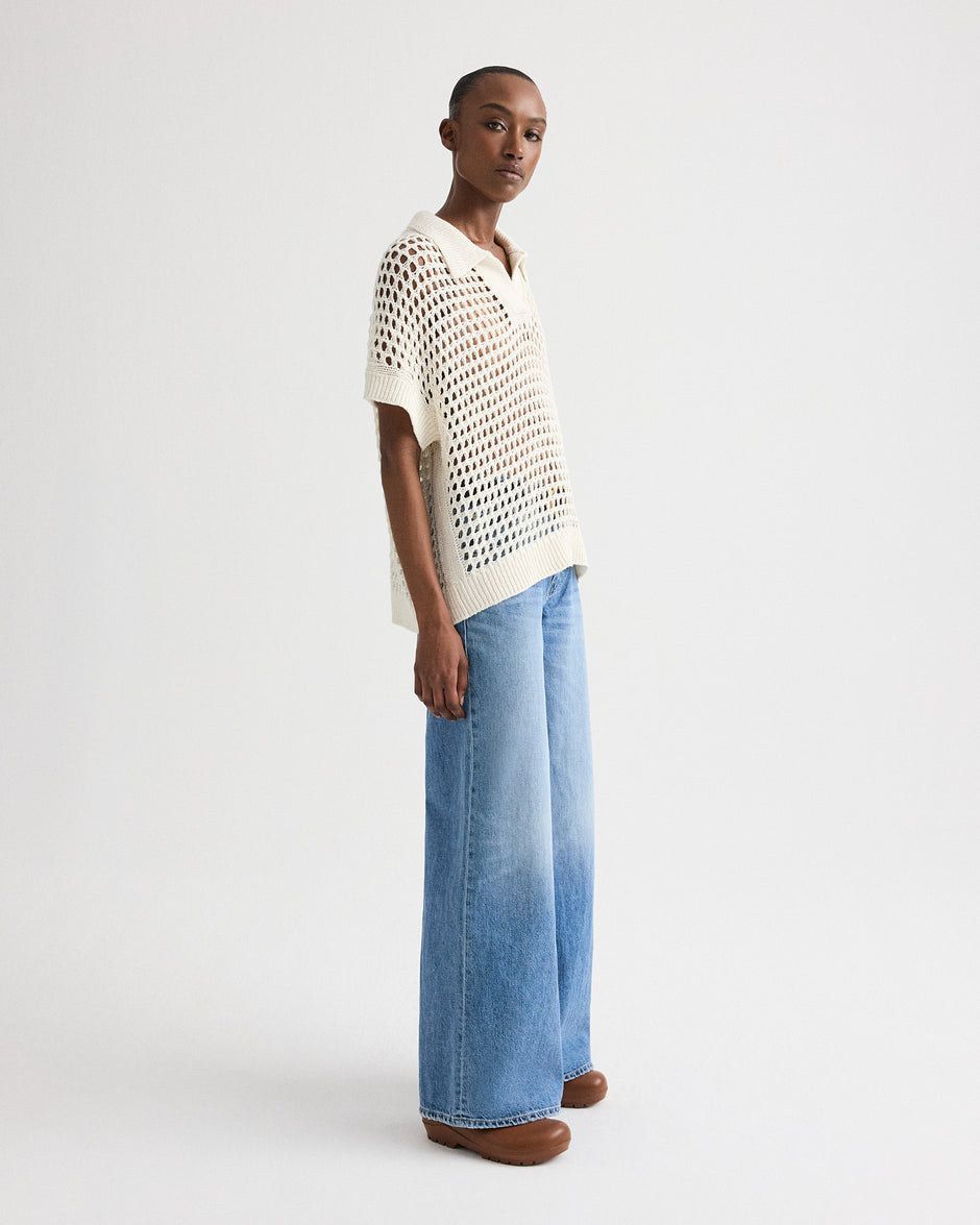TWP Ivory Supersized Open Knit Polo in Linen Silk view 4