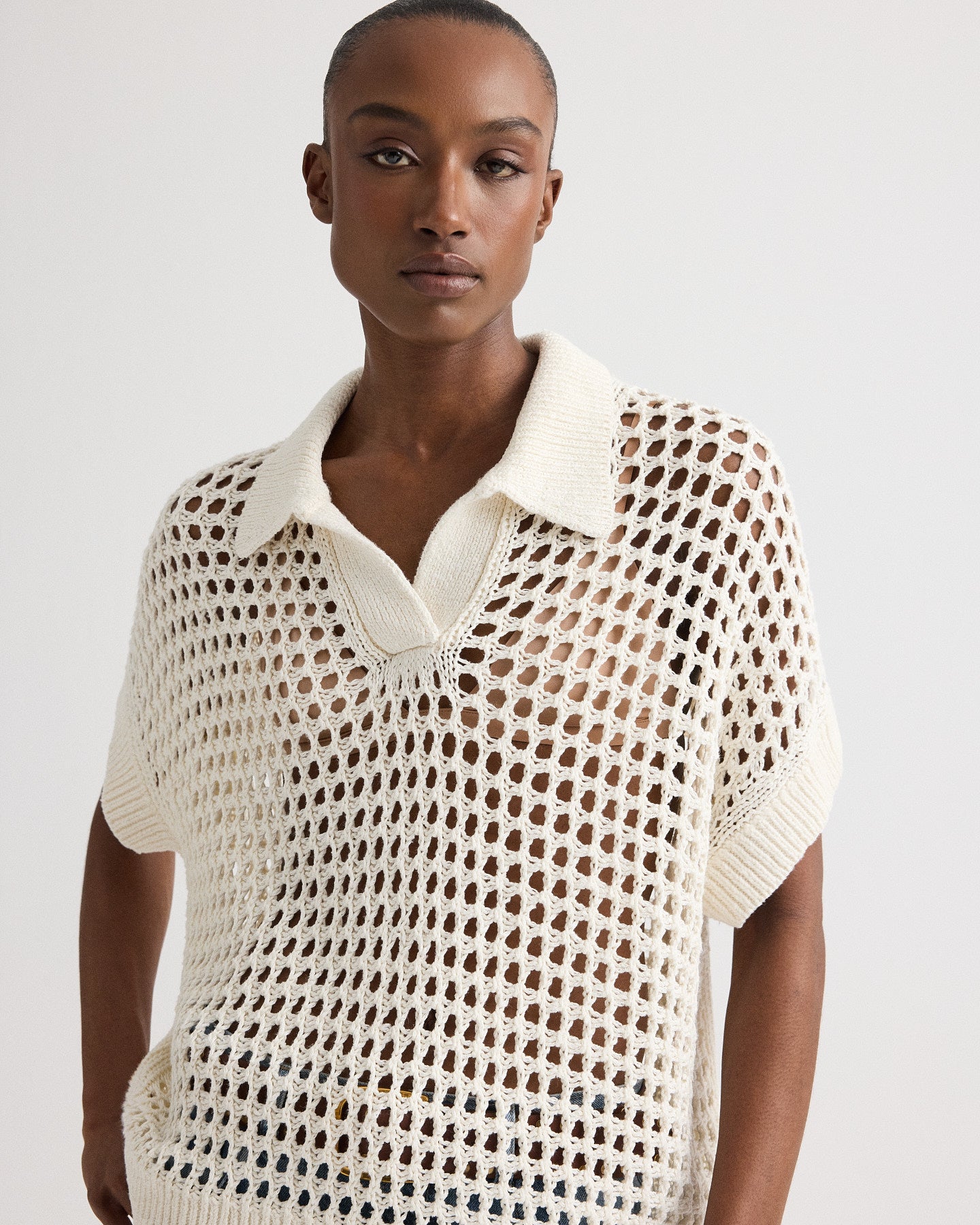 TWP Ivory Supersized Open Knit Polo in Linen Silk view 1