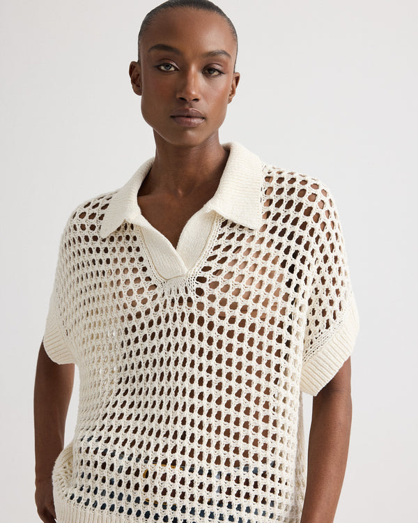 TWP Ivory Supersized Open Knit Polo in Linen Silk view 1