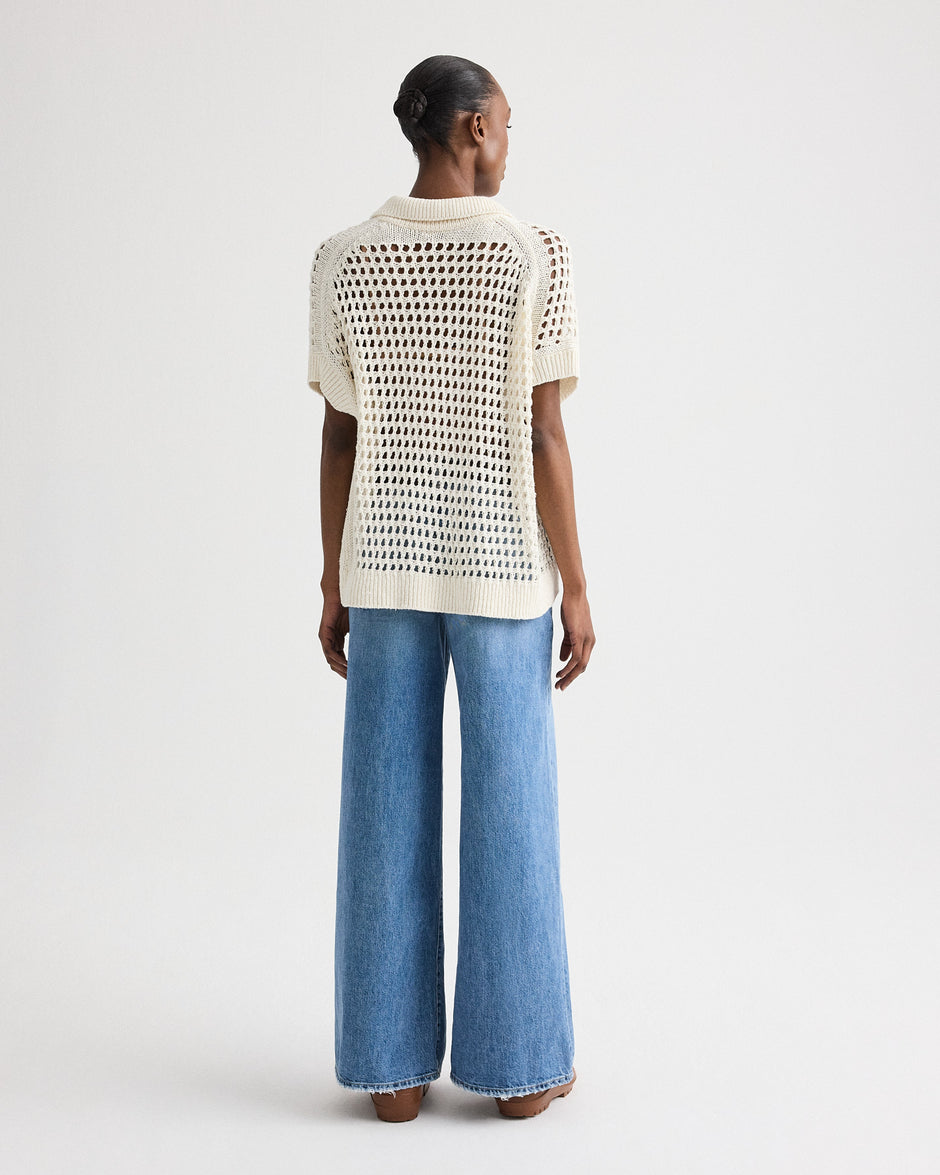 TWP Ivory Supersized Open Knit Polo in Linen Silk view 5
