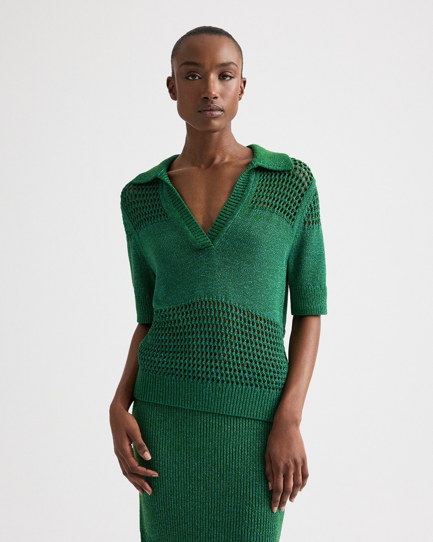 TWP Martini olive / chesapeake bay Slightly Oversized Open Knit Polo in Silk Blend Yarn view 1