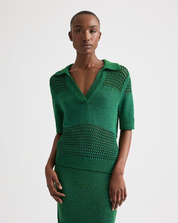 TWP Martini olive / chesapeake bay Slightly Oversized Open Knit Polo in Silk Blend Yarn view 1