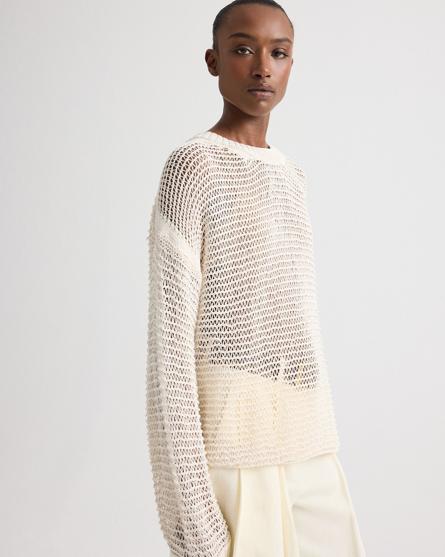 TWP White Wide Crew L/S Pullover in Silk Blend Yarn view 2