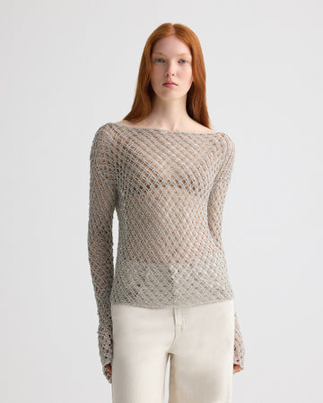 TWP Pale champagne Hand Crochet Slash Neck Top in Metallic Yarn view 2