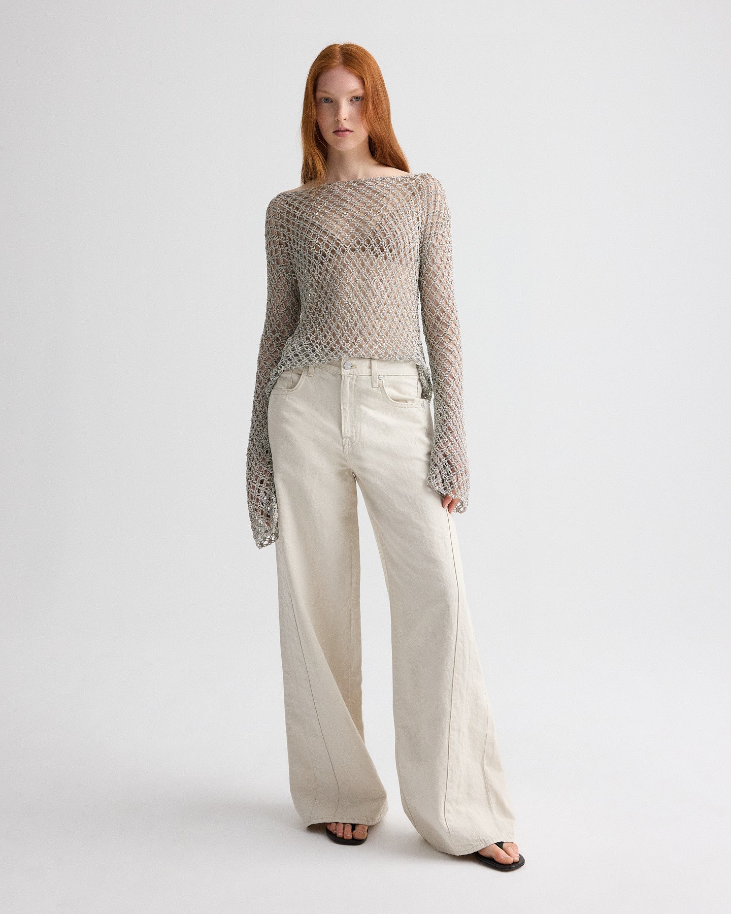 TWP Pale champagne Hand Crochet Slash Neck Top in Metallic Yarn view 3