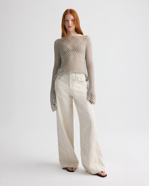 TWP Pale champagne Hand Crochet Slash Neck Top in Metallic Yarn view 3