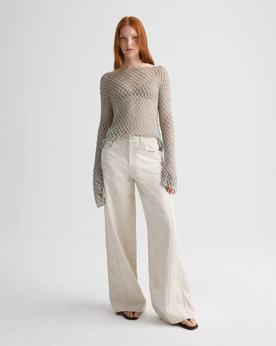 TWP Pale champagne Hand Crochet Slash Neck Top in Metallic Yarn view 3