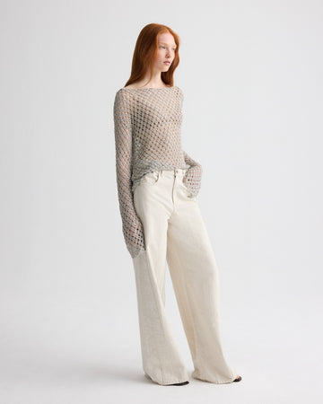 TWP Pale champagne Hand Crochet Slash Neck Top in Metallic Yarn view 4