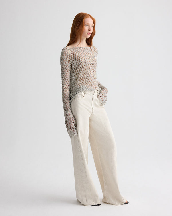 TWP Pale champagne Hand Crochet Slash Neck Top in Metallic Yarn view 4