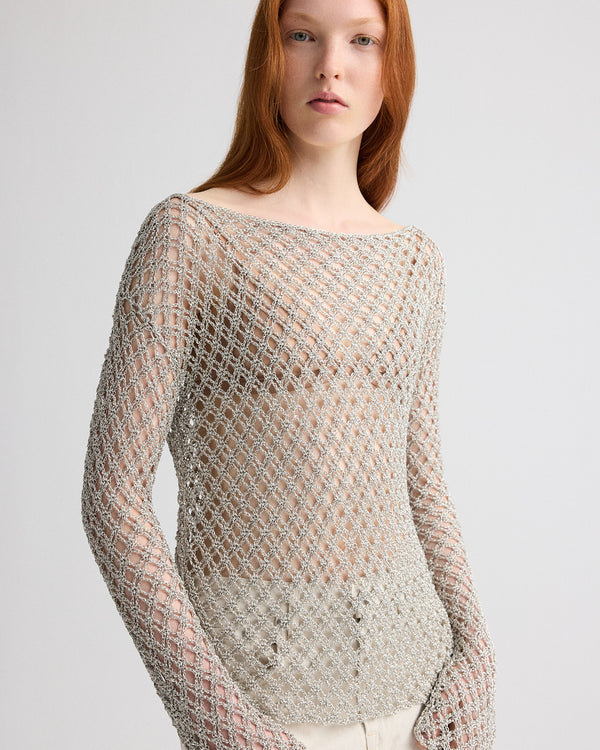 TWP Pale champagne Hand Crochet Slash Neck Top in Metallic Yarn view 1