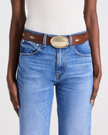 TWP Dark luggage/antique light gold Buckle Bunny Belt with Marquis and Rivets in Vachetta Leather view 2