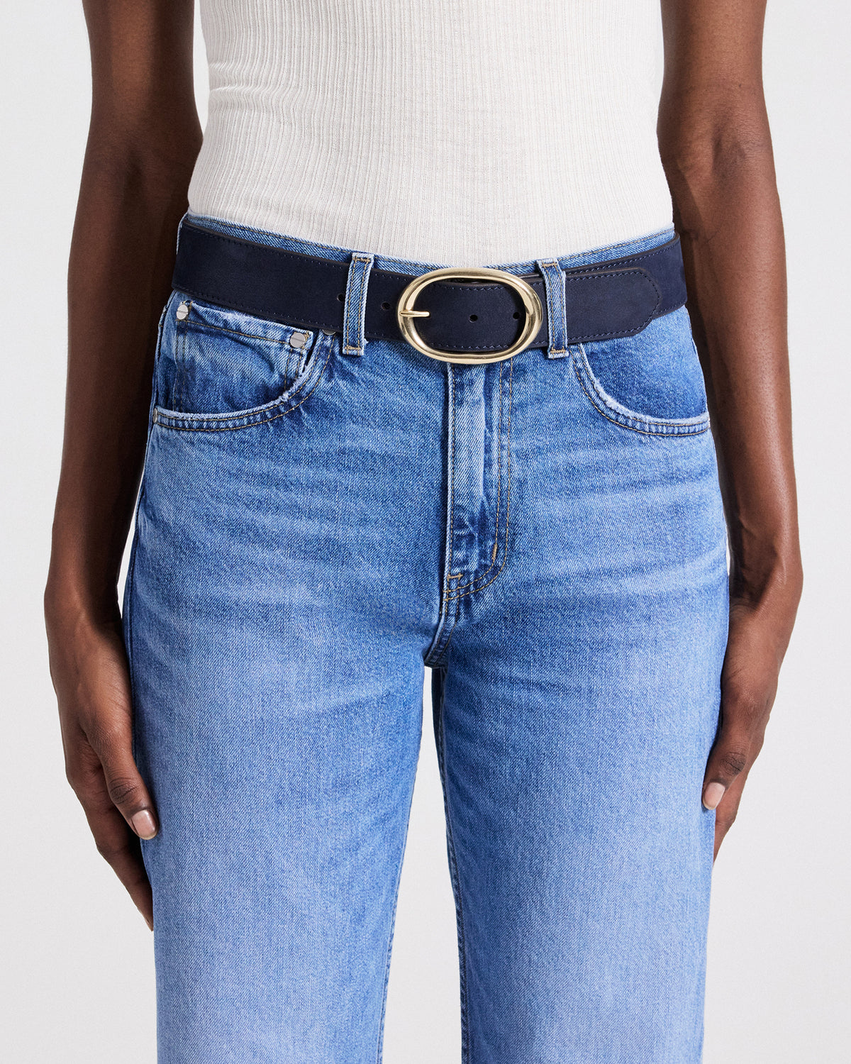TWP Navy Wide Belt in Nubuck Leather view 2