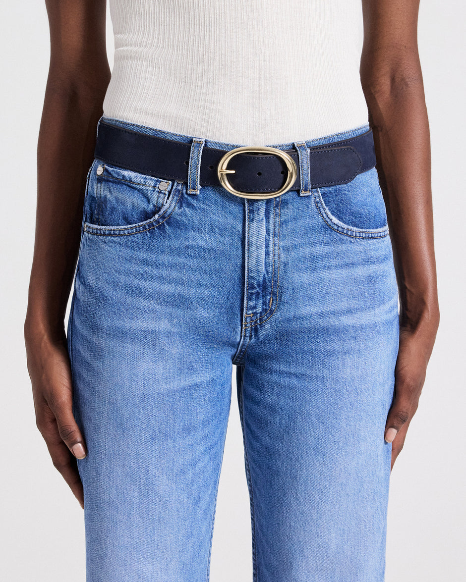 TWP Navy Wide Belt in Nubuck Leather view 2